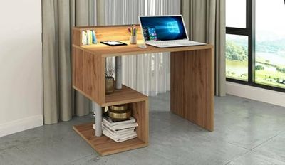 Dmora Adrien Linear Desk with Storage Shelves and LED Lights, Multipurpose Office Desk with Stand, 100 x 50 x 93 cm, Oak