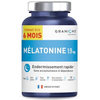 Melatonine 1,9mg | GRANIONS | MADE IN FRANCE | Complément alimentaire Sommeil Puissant | Aide pour dormir | Trouble du sommeil, jetlag, décalage horaire | 180 comprimés | Format éco 6 mois