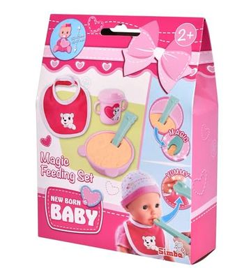 Simba New Born 105560515 Set de Nourriture pour bébé Comprenant Assiette, Bouillie, cuillère Magique, gobelet d'apprentissage et Bavoir pour poupées de 30 à 43 cm, 4 pièces, à partir de 2 Ans