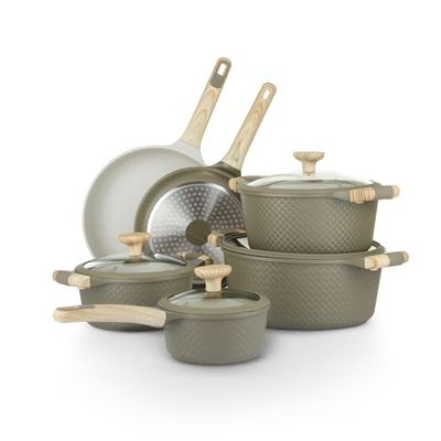KASANOVA Set di Pentole Antiaderente 6 Pezzi Bambù, Adatte a Induzione, con Coperchi in Vetro Temperato (Verde e Crema, 10 pezzi)