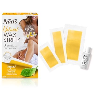 Nad's Natural Women’s Hair Removal Wax Strips, Head to Toe Wax Kit, Face Wax Strips, Body Wax Strips, Bikini Wax Strips, 32 Assorted Wax Strips & Post Wax Oil