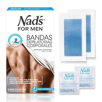 Nad's For Men Gotowe do użycia paski woskowe do ciała, paski woskowe dla mężczyzn, depilacja mężczyzn, zawiera 20 pasków wosku i 2 chusteczki uspokajające po wosku, 20 sztuk (1 szt.)
