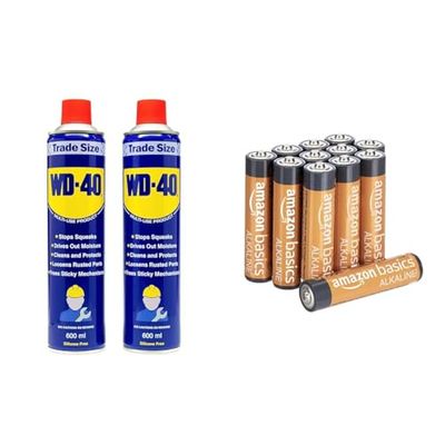 WD-40 Multi-Use Product - Twin Pack 600ml Can - The Ultimate Lubricant, Rust Protection, Penetrant & Amazon Basics AAA Alkaline Batteries, High-Performance (Triple A), 10-Year Shelf Life, 12-Pack