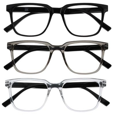OPULIZE LEO Reading Glasses - 3 -Pack - Large Rectangular Frame - Black, Grey, Clear - Mens Womens - Spring Hinges - RRR55-17C - +1.00