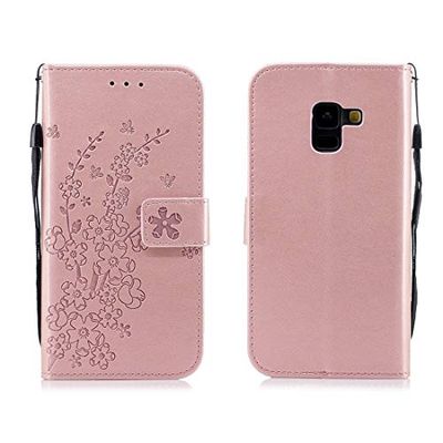 Carcasa de telefono for la Galaxia A8 (2018) Modelo de Flores del Ciruelo del Cuero del tirón con el sostenedor y Ranuras for Tarjetas y Monedero y la Cuerda de Seguridad (Verde) Horizontal
