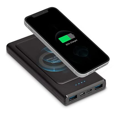 SBS Tunn trådlös 10 000 mAh Powerbank för iPhone, Samsung, Oppo och Xiaomi, 2 USB-A-portar, 1 USB-C och 1 mikro-USB, kan användas i flygplan, laddningskabel ingår
