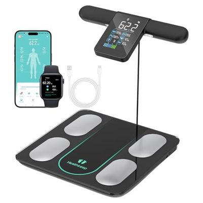 Healthkeep Pèse Personne Balance Connectée Impédancemètre Avec 8 Électrodes 21 Données Corporelle Affichage VA Mesure BIA à Double Fréquence Avec APP pour Andriod et iOS, Max. 180kg/400lb/28st
