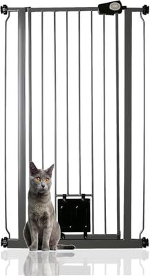 Bettacare Pet Gate with Lockable Cat Flap, Narrow, 68.5cm - 75cm, Slate Grey, 104cm in Height, Extra Tall Narrow Dog Safety Barrier with Cat Flap, Easy Installation