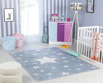 Livabliss Étoiles Tapis Chambre Enfant Bleu, Gris et Crème - Tapis Enfant Poil Court Coloré et Doux pour Chambres à Coucher, Salle de Jeu - Carpette Chambre Fille, Garçon, Bébé - 160x213 cm