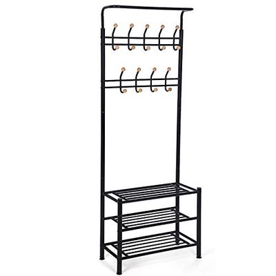 SONGMICS kapstok Kapstok met 3 schoenenrekken met 18 haken, metaal, 68,8 x 35,2 x 187 cm, zwart HSR04B