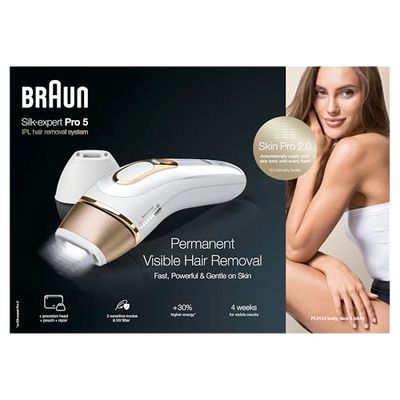 Braun IPL Silk Expert Pro 5, epilazione permanente visibile per donne e uomini, con rasoio Venus e testina di precisione, custodia di alta qualità, alternativa all’epilazione laser, PL5124, colore: bianco/oro
