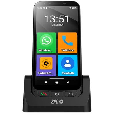 SPC Zeus 4G Pro + coque | Smartphone Anziani Icone Grandi, Pulsante SOS, Configurazione remota | Android 11, 4GB RAM, 64GB ROM | 13MP, Base Ricarica | Nero