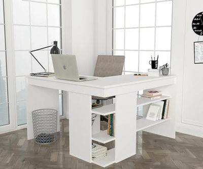 Dmora Elpis Desk, Multipurpose Writing Desk, Office Table for PC Holder, Worktop, 120 x 120 x H 74 cm, White