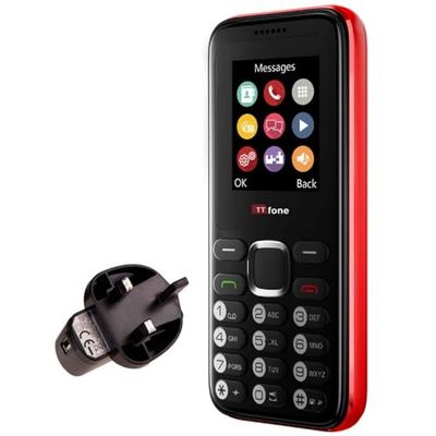 TTfone TT150 Unlocked Basic Mobile Phone UK Sim Free with Bluetooth, Long Battery Life, Dual Sim with camera and games, easy to use, durable and light weight pay as you go (Red, with Mains Charger)