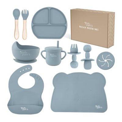 Yum Yum's Baby 10 Pcs Blue Weaning Set - Complete Toddler Feeding Kit w/Sectioned Plate, Suction Bowls, Cutlery with Mouth Guard, Straw Cup, Bib & Mat - Non-Slip - for Toddlers & Baby Gift