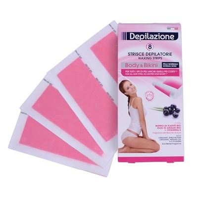 BeautyChic Strisce Depilatorie Corpo e Bikini per Pelli Normali, 8pz, Con Burro di Karité Bio, Olio di Argan Bio e Vitamina E, Fragranza Bacche di Acai, 17 x 7,5 cm