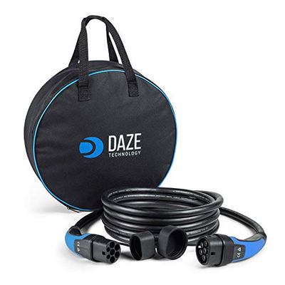 Daze | Câble de Charge Type 2-Type 2 pour Voitures Électriques EV et PHEV avec Étui | 32 A | Compatible avec EVs comme Model 3-S-X-Y/Compass/Renegade/ZOE/500e/ID.4 (Monophasé/Jusqu'à 7,4 kW/ 5M /Bleu)