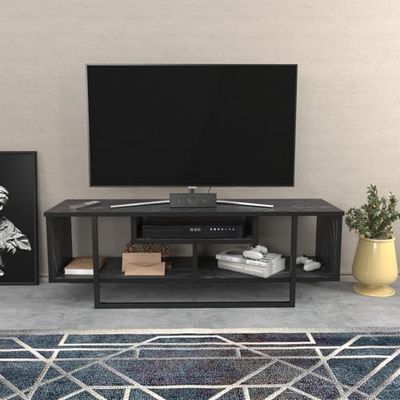 Hanah Home Stijlvolle zwarte tv-standaard, 120 cm x 35,2 cm x 40,2 cm, 100% melamine gecoat verdeelbord, 18 mm dik, modern design voor woonkamer en entertainmentruimtes