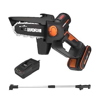 WORX NITRO Mini Motosierra batería 5 Pulgadas WG325E.1, Sierra de poda con pértiga de extensión de 125 cm, Motor sin Escobillas, PowerShare 20V, 1 batería y 1 cargador incluido