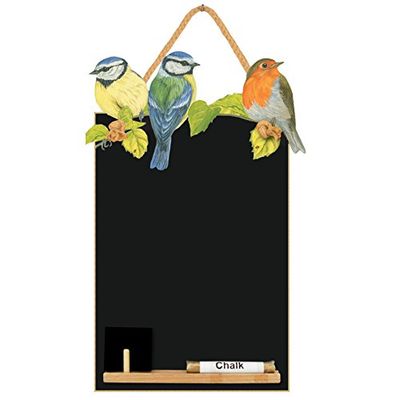 Chalkboards UK Small Memo Board/Chalkboard/Blackboard/Kitchen chalk Board with Printed Garden Birds Artwork, Wooden Tray, Piece of chalk & Felt Eraser. Booth Design Range., Wood, Black, 29.7 x 20.7 x 1 cm