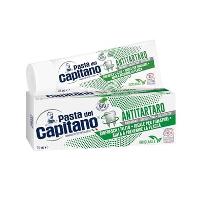 Pasta del Capitano, Dentifricio Antitartaro Bio, Dona Freschezza e Rinfresca l'Alito, Ideale per i Fumatori, Aiuta a Prevenire la Placca, 100% Made in Italy, Tubetto da 75 ml