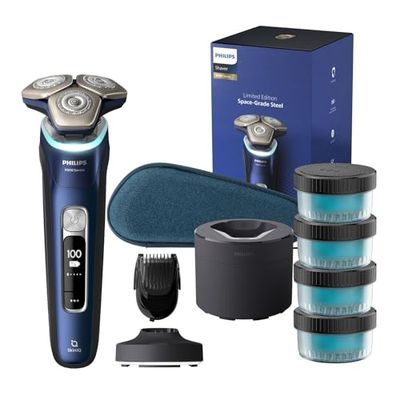 Philips Shaver Series 9000 - Wet and Dry Electric Shaver for Men in Blue with Lift & Cut, SkinIQ Technology, Pop-up Trimmer, Cleaning Pod, Beard Styler, Charging Stand, Travel case (Model S9980/74)