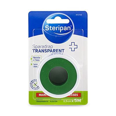 Steripan Sparadrap transparente, resistente à água e sem látex, hipoalergénico, 2,5 cm x 5 m, 2 unidades