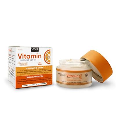 C-vitamin 50 ml kräm med hyaluronsyra och niacinamid, minskar fläckar, lyser upp och jämnar ut hudtonen. Vegansk ansiktskräm för dämpad hud Vit Vit Cosmetics