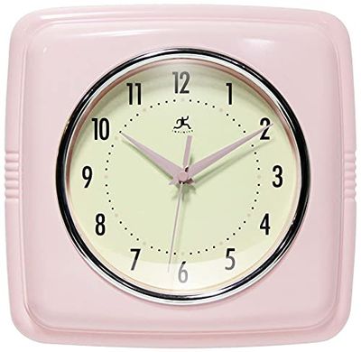 Infinity Instruments Horloge Murale carrée silencieuse rétro 22,9 cm pour Cuisine, Salle à Manger, Mouvement à Quartz (Rose)