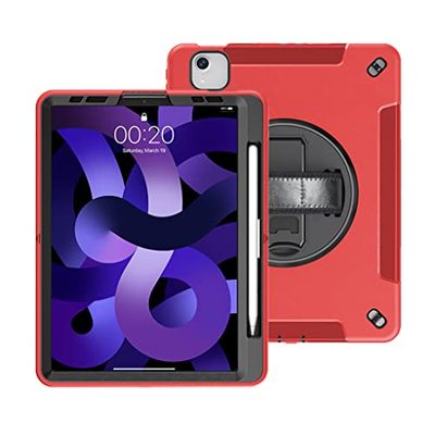 Case for iPad Pro 11 and Air 4/5 10.9, Triple Protection, Full Protection TPU Case with 360° Rotating Stand, Hand Strap and Pen Slot, Red