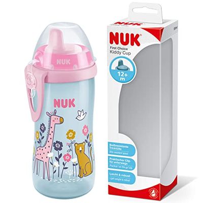 NUK First Choice Kiddy Cup 10255669 oefenbeker 12 maanden, lekvrij, beetbestendig, met clip en beschermdeksel, 300 ml, BPA-vrij, giraf (roze)