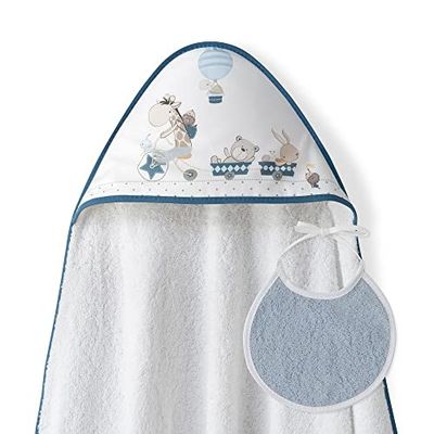Interbaby - Capa de Baño Bebe Blanco/Petroleo + Babero | Toalla Bebe con Capucha 100% Algodón, 100x100cm, Unisex | Suave, Cómoda, Ideal Recién Nacidos, Bebes y Niños Pequeños | Diseño Jirafa Bicicleta