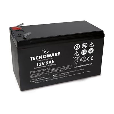 Bateria de chumbo - ácido Tecnoware 12 V - para SAI, videovigilância e sistemas de alarme, conexão Faston 6,3 mm, dimensões 15,1 x 9,4 x 6,5 cm, capacidade de 9 Ah, branco