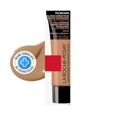 La Roche-Posay Toleriane, Fondotinta Fluido, Per Pelli Sensibili, Alta Copertura di Imperfezioni, Macchie e Cicatrici, Correttore, Con Neurosensine, Tonalità: 10,5, 30 ml
