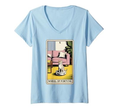 Mujer Rueda de la Fortuna Tarot Tarjeta Gato Robot Aspirador Gato Camiseta Cuello V