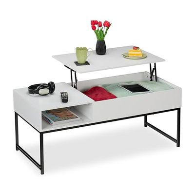 Relaxdays Coffee Table with Lift Top, Side Section, Compartment with Storage Space, Wood-Look, 45 x 110 x 50 cm, White, Fibreboard, 56 x 110 x 50 cm