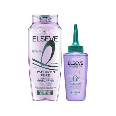 L’ORÉAL PARIS - Routine de Soins Capillaires pour Cheveux Gras - Purifie les Racines - Hydrate les Longueurs - Acides Salicylique & Hyaluronique - Shampooing & Sérum Purifiant - Elseve Hyaluron Pure