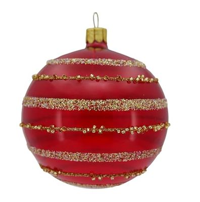 Ornex Set of 6 Ornamental Baubles (Diameter 8 cm) in Hand-Blown and Decorated Glass for Christmas Tree, Red, Gold, 6 Balls Diameter 8 cm