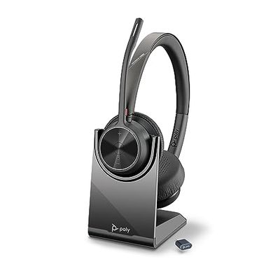 Poly Voyager 4320 UC draadloze headset en oplaadstation, binaurale headset met ruisonderdrukkende microfoonstang, verbinding met pc/mobiele telefoon via Bluetooth, functie: Teams, Zoom
