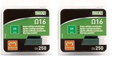 Grapas para Cercas Ω16 SALKI - Blíster de Grapas Anilladas de Acero Galvanizado Omega-16, Diámetro de 1,3mm, Perfecto para Grapados de Vallas, Incluye 250 Unidades, de Color Verde (Paquete de 2)