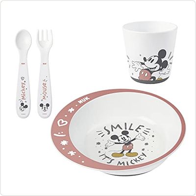 NUK Disney Mickey Crockery Set | from 6 Months | Includes Plate, Fork, Spoon and Cup | Disney Mickey Mouse | 4 Pieces