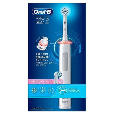 Oral-B PRO 3 3000 Elektrische tandenborstel/elektrische tandenborstel, 2 Sensitive Clean opzetborstels, 3 poetsmodi en visuele 360° drukcontrole voor tandverzorging, cadeau voor man en vrouw, wit