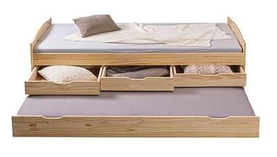 Inter Link - Cama de ninho, cama com arrumação, cama com gavetas, banco-cama com 2 camas 90 x 200 cm, 3 gavetas, madeira maciça, com estrado - sem colchão, natural, Marinela 90 x 200 cm