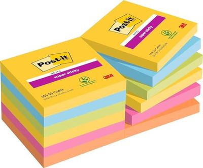 Post-it Foglietti Super Sticky, Collezione Carnival, Confezione da 12 blocchetti, 90 Fogli/blocco, 76 x 76 mm, Colori Carnevale, Per Appunti, Elenchi & Promemoria