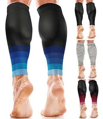 aZengear Calf Compression Sleeves for Men & Women - Shin Splint and Calf Support Brace - Compression Calf Guards - Leg Sleeves for Torn Muscle Cramps (S-M, Black w/Blue)
