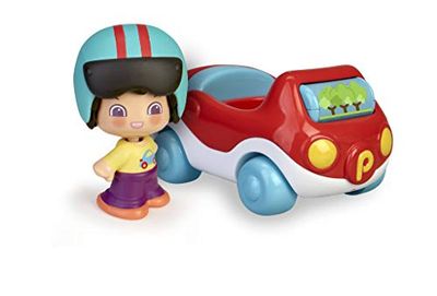 Pinypon - Voiture Joyeuse, voiture jouet avec roues, cylindre de jeu integré à la voiture, figurine Pinypon avec casque inclus, pour enfants à partir de 1 an