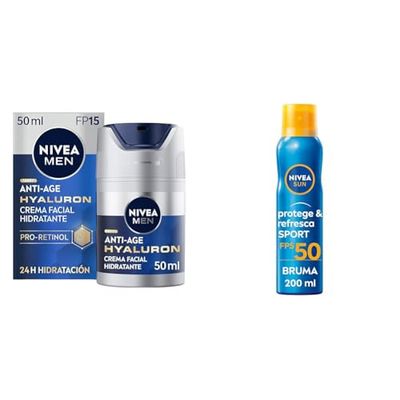 Pack NIVEA MEN Hyaluron Crema Hidratante Antiedad FP15 (1 x 50 ml) + NIVEA SUN Protege & Refresca Spray Bruma Solar FP50 (1 x 200 ml)
