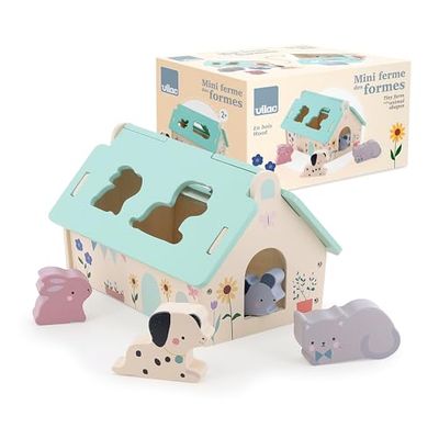 VILAC Mini Granja Sarah Betz Premier Age-1 Caja de Forma casera + 4 Animales Perro, Conejo, Gato y ratón. -Juegos de Despertar Madera-Juguete para Niños a Partir de 2 años-7119 (7119)