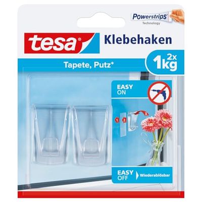 tesa Gancho adesivo para superfícies transparentes e vidro 1 kg, ganchos suspensos invisíveis, suporta até 1 kg por gancho, embalagem com 2 peças, inclui 4 tiras adesivas
