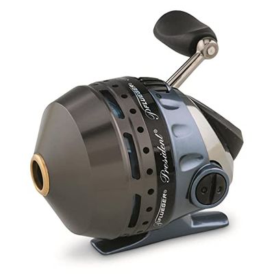 Pflueger President Spincast-rol, maat 10, rechts/linkergreeppositie, aluminium spoel, wijzerplaatremsysteem, meerkleurig